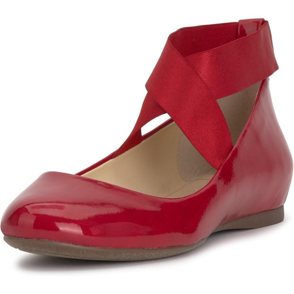 Jessica Simpson Women's Red Muse Faux Leather Ankle Cross Elastic Ballet Flats